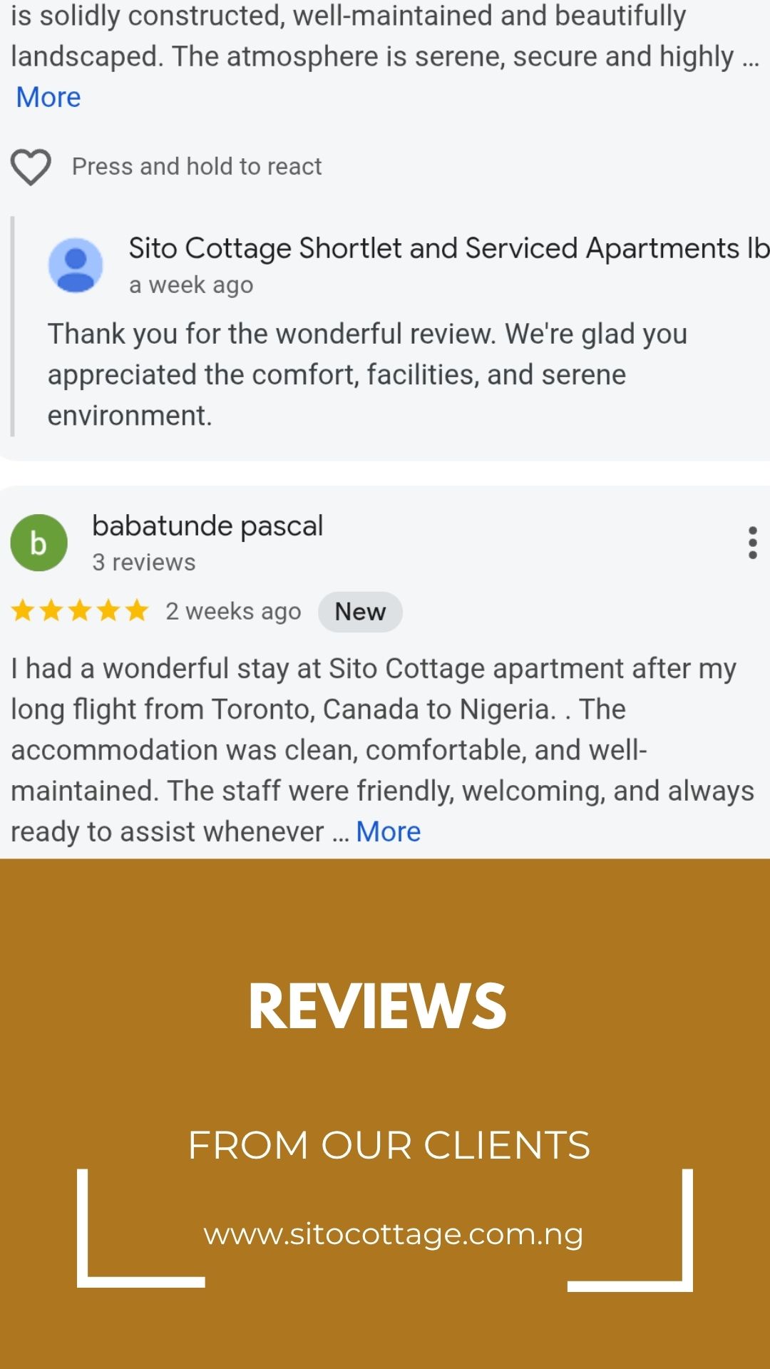 User review for Sitocottage